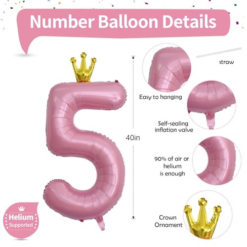 Image of 40 Inch Pastel Pink 5 Number Balloons, Giant Foil 5th Birthday Number Balloon, Crown Self Inflating Light Pink Balloons 0-9 Set for Girls Women Birthday Party Decor Anniversary Decorations Supplies