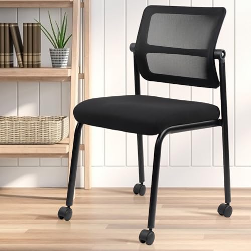 Image of CLATINA Stacking Armless Office Chair with Wheels, Stackable Mesh Guest Reception Desk Chairs with Adjustable Backrest for Waiting Room Conference Lobby Side School, Black, 1 Pack