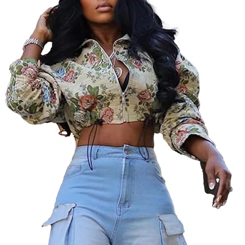 Womens Floral Print Jacket Cropped Bomber Jacket Long Sleeve Zipper Vintage Outwear with Strap Varsity Coats for Women