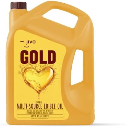 Jivo Gold Refined Oil 5 Litre | Perfect Blend of Rice Bran & Sunflower Oil | Cooking Oil | Vitamin A and D Fortified Edible Oil | Contains MUFA and PUFA | High Smoke Point | Ideal for Deep Frying, Stir-Frying and Sautéing