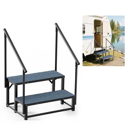 RV Steps with 2 Handrail, 2-Step Heavy Duty Hot Tub Steps, Non-Slip Outdoor Spa Steps for RV, Camper, Trailer, Mobile Home, Porch, Portable Ladder Stairs with Anti-Slip Mats (2 Steps with 2 Handrail)