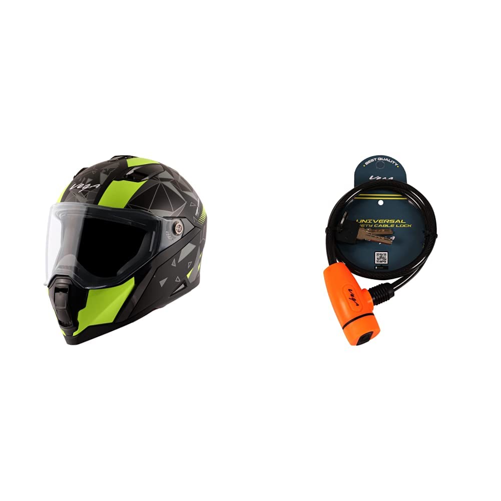 Vega Storm Drift Dull Black Neon Yellow Helmet-L and Vega Safety Cable Lock Dull Orange Black