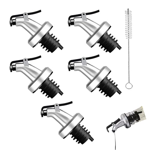 FCAIBEAR 5-Pack Oil Bottle Spouts - Silicone Pourer & Wine Stopper Combo for Olive Oil, Vinegar, Liquor Bottles(Silver)