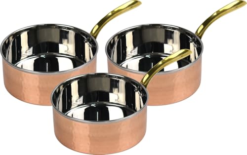 Copper Sauce Pan Set 3 Pieces Stainless Steel with Hammered Copper Brass Handle for Cooking & Serving (3X 300ml Capacity)