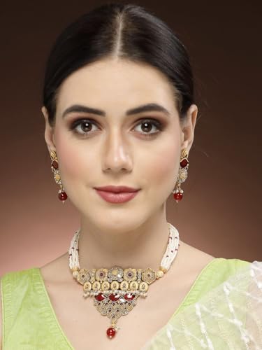 Juego de joyas Kundan bañadas en oro DMZ-1583 con perlas de alta gama y latón 6