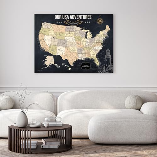 Image of IPIC - Vintage USA Travel Map, Pin Board Canvas Wall Art, Travel Map with Pins Included, Ready to Hang for Home or Office, 40x30 Inch