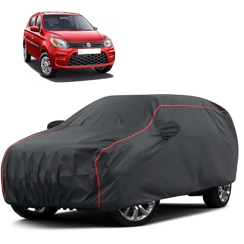 Image of Sulfar 100% Water Resistant Car Body Cover Compatible with Mirror for Maruti Suzuki Alto 800 (Triple Stitched, Full Bottom Elastic, Dark Grey Taffeta with Red Piping)