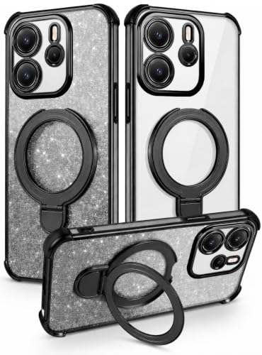Mobigon Glitter Phone Case Compatible with Xiaomi Redmi Note 14 4G (Not 5G), Magnetic Ring Stand Shockproof Cover, Clear Soft TPU Bumper with Full Camera Protection - Silver