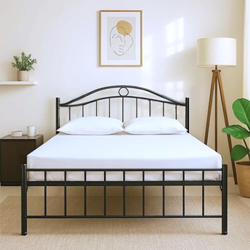 Image of NEUDOT RM Napster Metal Queen Bed Frame - Heavy Duty All-Metal Platform Bed - 200kg Weight Capacity, Powder-Coated Finish, Curved Headboard - Modern Minimalist Bedroom Furniture, Black Finish
