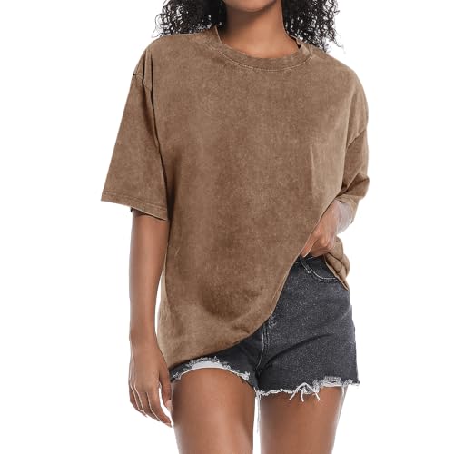 BINTEHGS Oversized Grunge Vintage t Shirts for Women Short Sleeve Cotton Casual Baggy Tees Teens Trendy Crew Neck Loose Tops（Coffee,L）