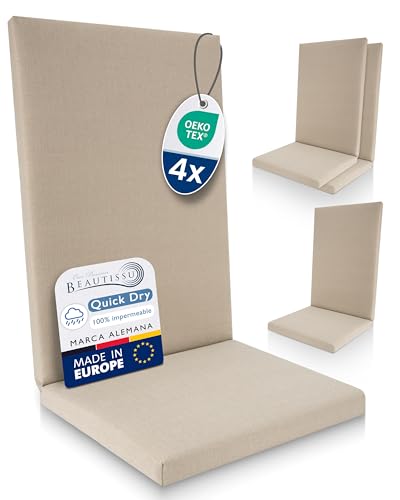 Beautissu Premium Set de 4 Cojínes Sillas Jardin con Respaldo Alto 100% Impermeable 120x50cm – Cómoda Fácil Cuidar Cojín Silla Exterior para Muebles Jardín – Acolchado Secado Rápido Beige