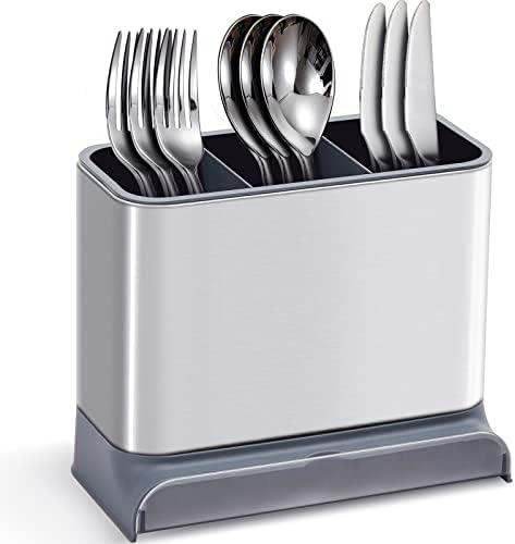 APEXCHASER Stainless Steel Utensil Holder, Sink Caddy with Drip Tray, Cutlery Holder with 3 Compartments Rustproof Kitchen Sink Accessories Organiser for Brush, Sponge, Dish Wand and Flatware Crock