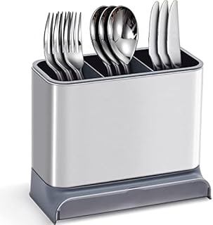 APEXCHASER Stainless Steel Utensil Holder, Sink Caddy with Drip Tray, Cutlery Holder with 3 Compartments Rustproof Kitchen Sink Accessories Organiser for Brush, Sponge, Dish Wand and Flatware Crock