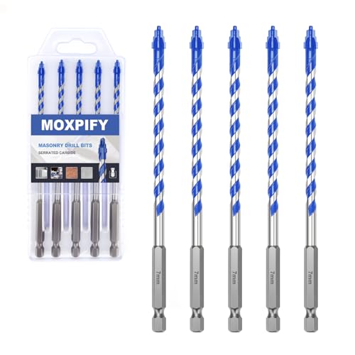 MOXPIFY 5PCS 7mm x 150mm Masonry Drill Bits Set, Porcelain Tile Drill Bit, Tungsten Carbide Drill Bit for Tile, Glass, Ceramic, Marble, Concrete, Brick, Granite, Wood