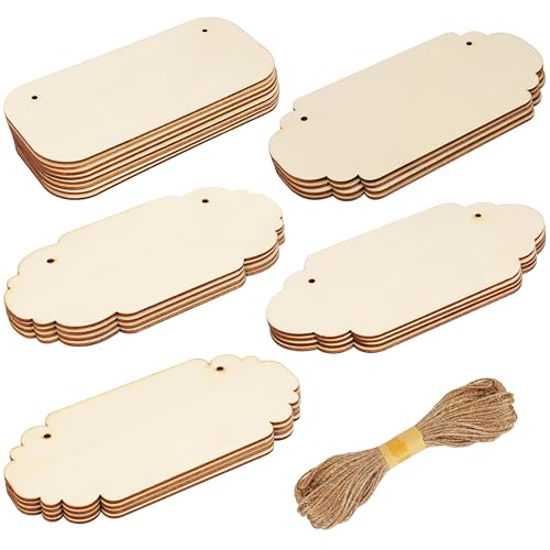 Belle Vous Pack de 24 Placas de Madera en Blanco Variadas - Tablero Madera Contrachapado con Cuerda para Colgarlo - Maderas para Bricolaje, Pirograbado, Bodas, Pintar Colgar Letreros