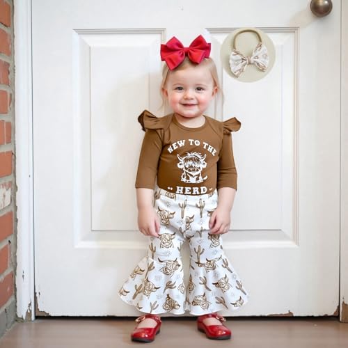 Western Baby Girl Outfit Newborn New to The Herd Long Sleeve Romper Cow Flared Pants Headband Set 3Pcs Fall Clothes3