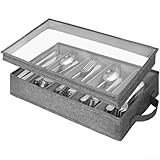 Caja de almacenamiento de cubiertos con tapa extraíble, caja de almacenamiento de cubiertos con separadores ajustables y ventana transparente, gris