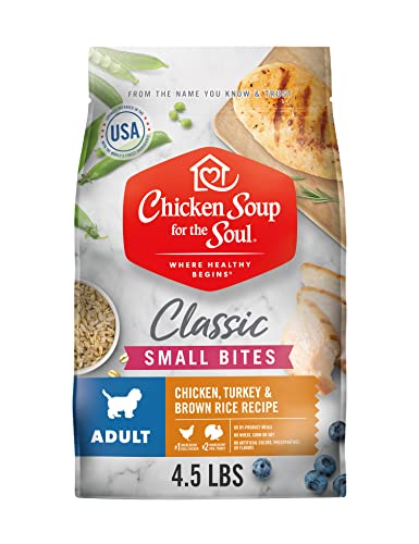 Chicken Soup for The Soul Small Bites Dog Food, Chicken, Turkey & Brown Rice Recipe, 4.5 lb. Bag | Soy Free, Corn Free, Wheat Free | Dry Dog Food Made with Real Ingredients