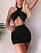 Women's Sexy Ruched Bodycon Halter Criss Cross Cut Out Backless Mini Club Party Dresses, Small, Black