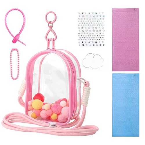 Image of Clear Doll Case with Keychain and Adjustable Strap, Waterproof Crossbody Bag for Blind Box Collectibles - Dustproof PVC Display Cover (Pink, 5.9inch /15cm)