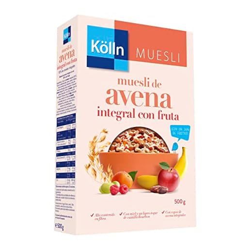 Kölln - Muesli de Avena con Frutas, Cereales Integrales, Avena con Pasas Sultanas, dátiles, manzana, albaricoque y frambuesa - 500 g
