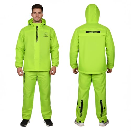 Image of Allextreme Waterproof Riding Jacket Rain Cover Set with Pant & Hood | Lightweight Adjustable Raincoat Top & Bottom Suit for Bike Riders Men & Women | Durable Windproof Rainwear (2XL, Neon Green)