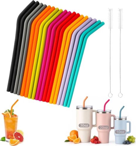 18 Pcs Silicone Straws Reusable 2 Cleaning Brushes Soft & Durable