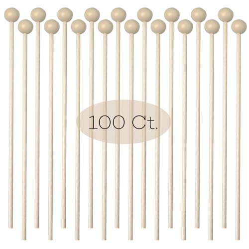 100 Pieces 6Inch Rock Candy Sticks with Ball Wooden Sticks Wood Cake Sticks Drink Stirrer Sticks for Lollipop Coffee Appetizer Skewers (Round)