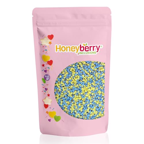 HONEYBERRY INCLUSIONS - Mini estrellas azules y amarillas, 200 g, gránulos comestibles de primera calidad para hornear, decoraciones de cupcakes y pasteles, helados, postres y glaseados