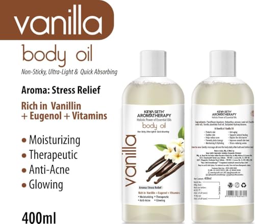 Image of KEYA SETH AROMATHERAPY Vanilla Body Oil - Moisturizing, Nourishing, Anti-Acne For Glowing Skin; Non Sticky, Quick-Absorbing 400ml