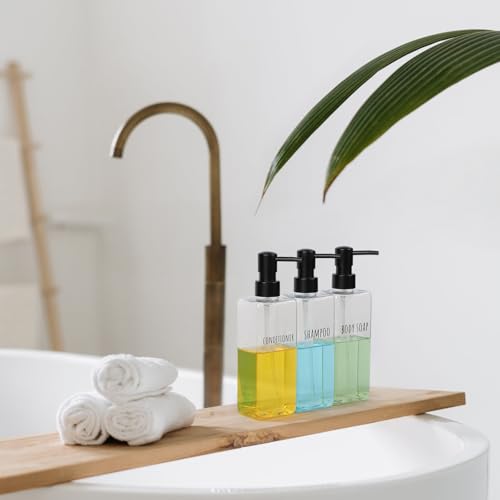 Image of Segbeauty Clear Soap and Lotion Dispenser Set, Pack of 3 16.9oz Refillable Shampoo and Conditioner Dispenser, 500ml Plastic Square Modern Soap Dispenser Bathroom, Shampoo Bottles Refillable with Pump