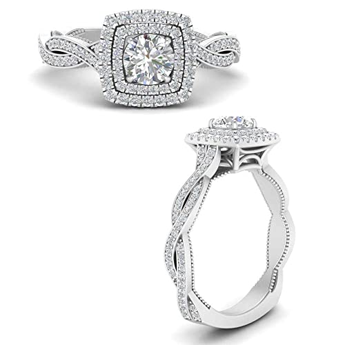 Image of Choose Your Gemstone Double Halo Twisted Shank Engagement Ring 925 Sterling Silver Round Shape Double Halo Engagement Ring Lightweight Office Wear Everyday Gift Jewelry US Size 4 to 12