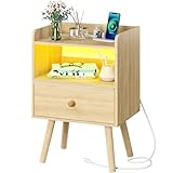 Yoobure Nightstand with Charging Station, Modern Night Stand with LED Lights, Wood Nightstands with Fabric Drawer & Storage Shelf, Night Stands Bedside Table with USB Ports for Bedroom, Office, Home