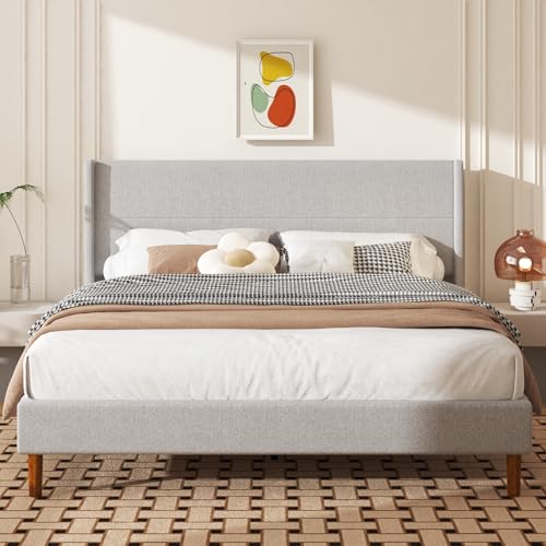 Mxhtcewz King Size Bed Frame, Linen Upholstered Platform with Wingback Headboard, Wooden Slats Support, No Box Spring Needed, Easy Assembly, Lightgrey