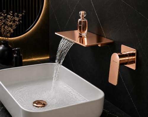Image of AQUIEEN Plato Wall Mounted Waterfall Basin Mixer Tap | Modern Single Lever Concealed Basin Faucet | Contemporary Bathroom Sink Mixer (Rose Gold)