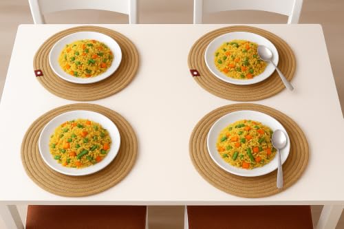 Image of Cotton Rope Placemats, Round Red with White Border, Set of 4, Heat Resistant Table Mats (Beige)