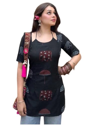 Image of ANNI Designer Short Kurti for Women Viscose Printed Straight Ethnic Top | Stylish Kurti Tops with Jeans Styling | Casual Office Wear | Traditional Indian Outfit for Woman
