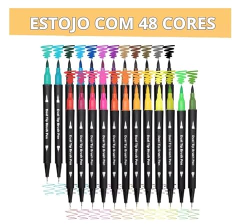 Kit Canetinha Duas Pontas 48 Cores Dual Brush Para Colorir Conjunto Caneta Colorir para Crianças e A