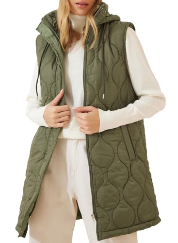 EVALESS Long Puffer Vest Women Sleeveless Hooded Puffer Jacket Casual Lightweight Quilted Jackets 2025 Fall Winter Warm Zip Up Coat Outerwear with Pockets Guacamole Green Small