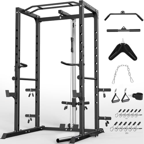 Image of ULTRA FUEGO Power Cage, Multi-Functional Power Rack with J-Hooks, Dip Handles, Landmine Attachment and Optional Cable Pulley System for Home Gym (Power Cage with Pulley System Black)