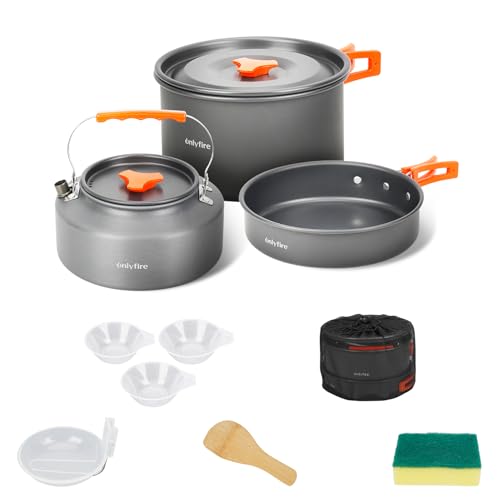 Onlyfire 10pcs Camping Cookware Mess Kit, Non-Stick Lightweight Pot Pan Kettle Set with Plates Forks Knives Spoons for Camping, Backpacking, Outdoor Cooking and Picnic CT603