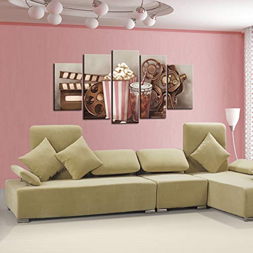Sechars Large 5 Piece Canvas Wall Art Classic Old Fashion Film Reels Popcorn Poster Painting Vintage Bar Pub Home Movie Theater Media Room Wall Decor Stretched And Framed Artwork Ready To Hang #TOP3