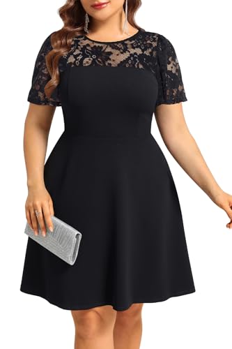 Image of Plus Size Cocktail Dress - Lace Wedding Guest Party Crew Neck Short A Line Dresses Women
