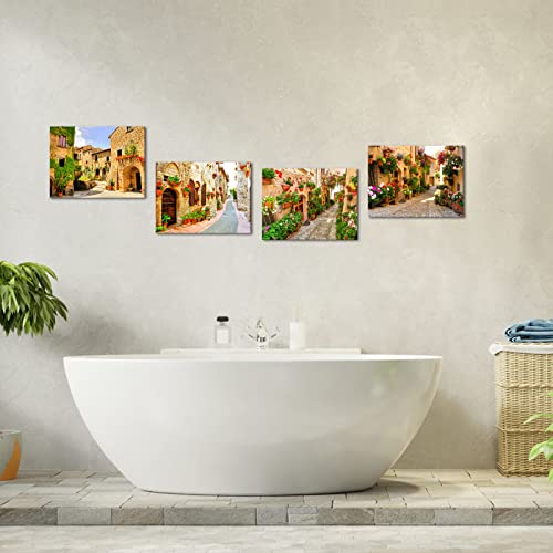 Ilooklike 4 Pieces Tuscany Town Canvas Wall Decor Italian Mediterranean Streets Scenery Pictures Painting Vintage Tuscan Village Artwork For Bedroom Living Room Decoration 12X16Inchx4Pcs (Small) #TOP3