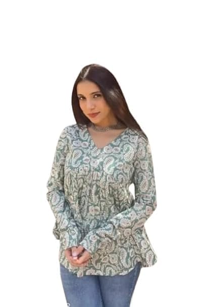 Women’s Short Kurti | Floral Printed V Neck Flared Kurta Top | Full Sleeve Indo Western Ethnic Tunic for Jeans | Casual Office College Stylish Ladies Fashion Top-picture-36