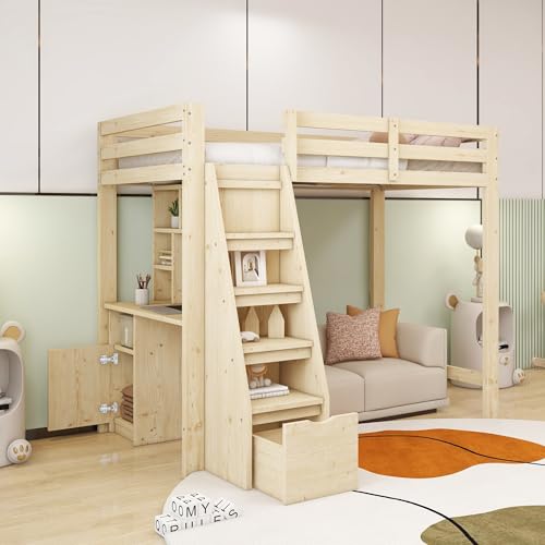 Zravenna Kinderbett Hochbett 90x200 mit Stauraumtreppe, Schreibtisch mit Regalen und Schränken, Treppe mit Schubladen, Rausfallschutz Etagenbett, Massivholz,...