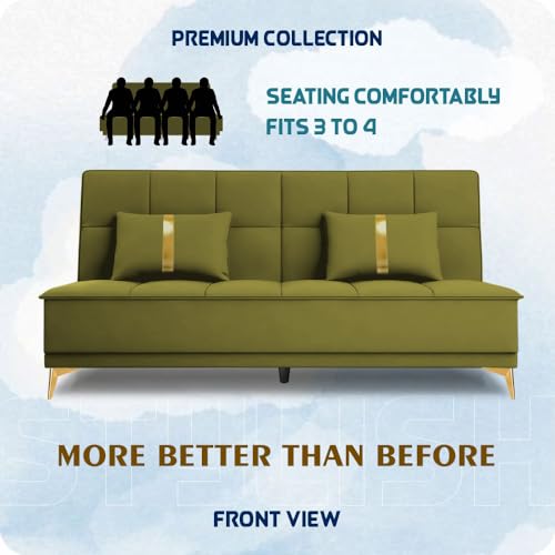 Image of Adorn India Premium New Alyssum 3 Seater Sofa Cum Bed 4X6 Velvet Suede with 2 Cushions (Color Light Green) and Suitable for All Indoor, with 3 Years Warranty