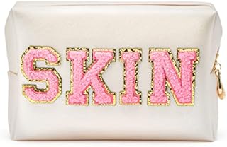 E1mity Preppy Cosmetic Bag Large Makeup Bag Preppy Stuff Patch SKIN Pink Toiletry Bag Y2K Aesthetic PU Leather Portable Cosmetic Bag Waterproof Storage Bag Travel Outing Schoolgirl Girls Teens (White)