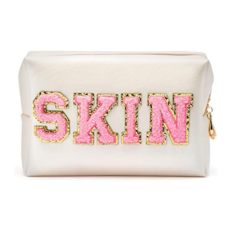 E1mity Preppy Cosmetic Bag Large Makeup Bag Preppy Stuff Patch SKIN Pink Toiletry Bag Y2K Aesthetic PU Leather Portable Cosmetic Bag Waterproof Storage Bag Travel Outing Schoolgirl Girls Teens (White) Cover