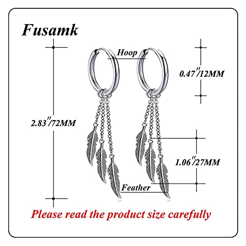 Punk Rock Stainless Steel Feather Drop Dangle Earrings Huggie Hinged Hoop Earrings,2PCS2